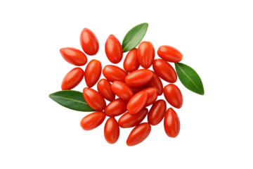 A vibrant pile of healthy goji berries with fresh green leaves transparent background