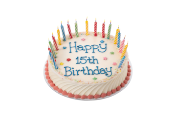 Delicious Happy 15th Birthday Cake with Colorful Candles and Star Decorations transparent background