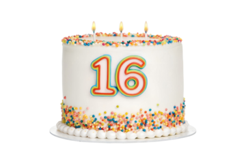 A Vibrant and Festive Sweet Sixteen Birthday Cake with Burning Candles transparent background
