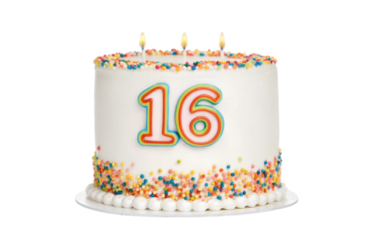 A Vibrant and Festive Sweet Sixteen Birthday Cake with Burning Candles transparent background