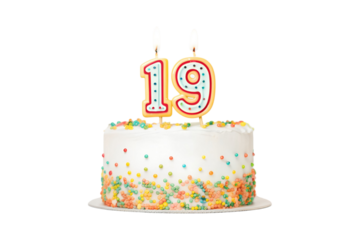 A festive 19th birthday cake with colorful sprinkles and number candles transparent background