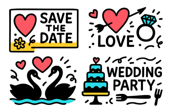 Modern vector illustration featuring wedding party elements, swans, and a save the date announcement with love symbols