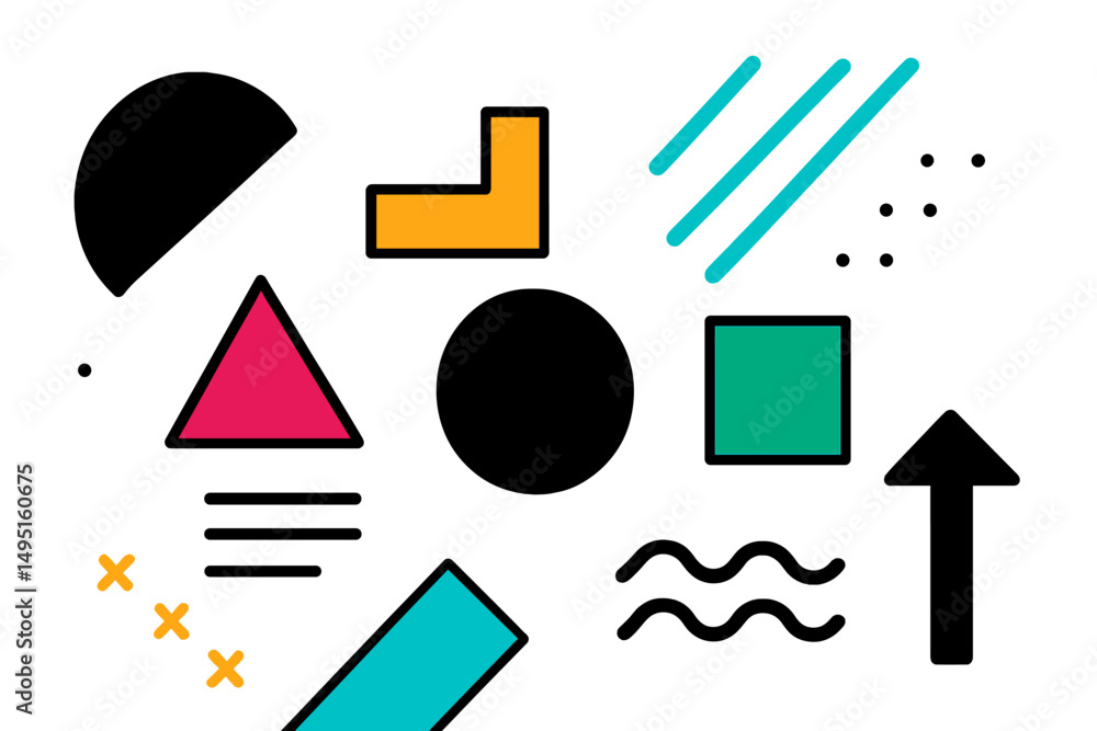 Poster modern vector illustration featuring colorful geometric shapes and patterns on a white background fo