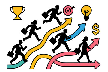 Career growth concept with modern vector illustration of professionals advancing towards goals with arrows and symbols of success