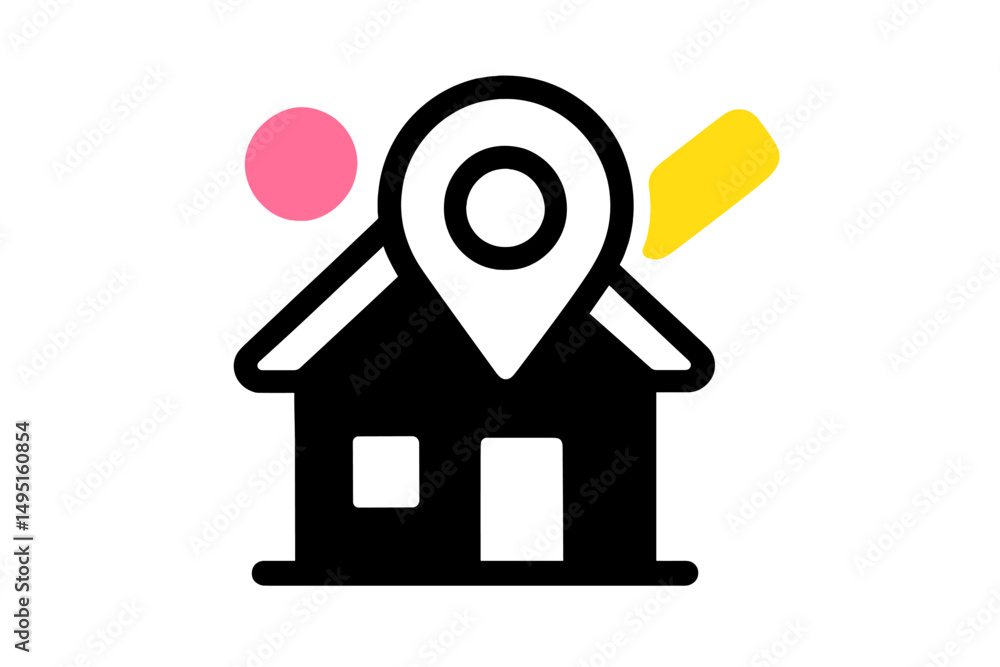 Poster modern vector illustration of a house with location pin and abstract shapes representing home and na