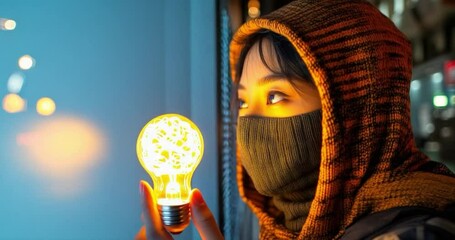 Woman looks at illuminated lightbulb - Powered by Adobe