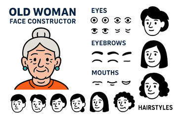 Vector illustration showcasing a customizable face constructor for an elderly woman with various eyes, eyebrows, mouths, and hairstyles