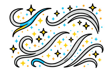 Fototapeta premium Swirling patterns of silver and blue with sparkling stars against a white background for modern design aesthetics
