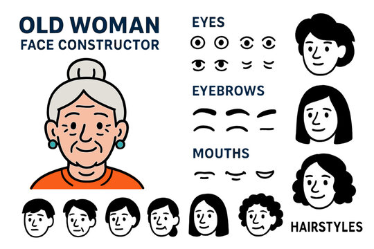 Vector illustration showcasing a customizable face constructor for an elderly woman with various eyes, eyebrows, mouths, and hairstyles
