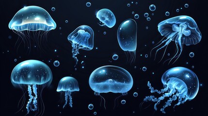 Naklejka premium Glowing jellyfish collection in dark ocean