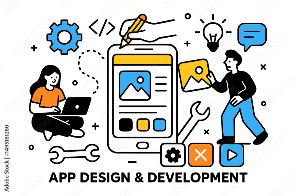 Poster modern vector illustration showcasing app design and development process with creative elements and 