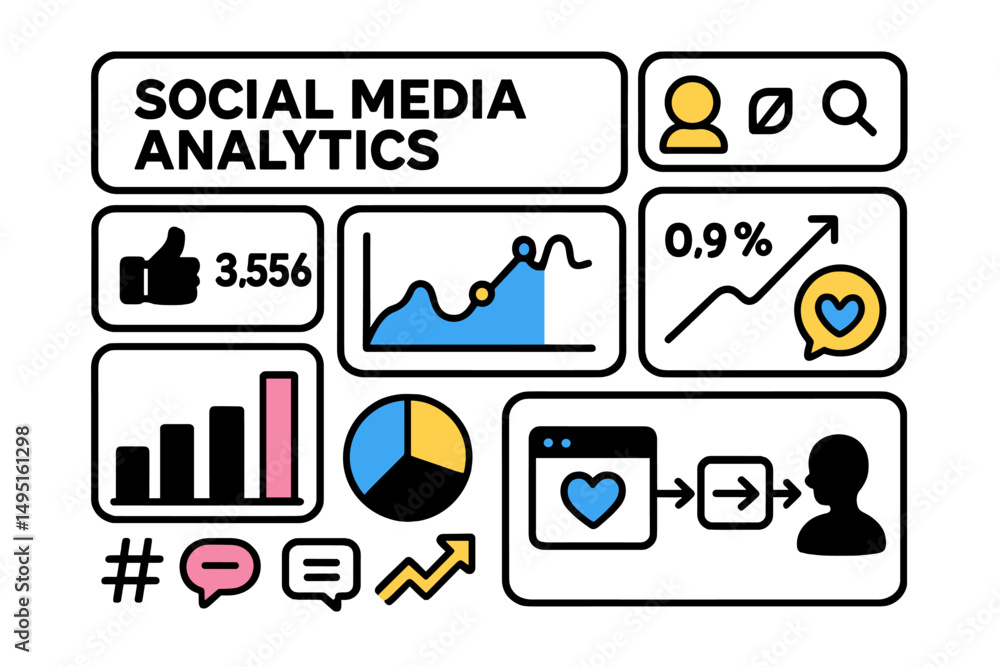 Poster social media analytics vector illustration highlighting key metrics and user engagement data for dig
