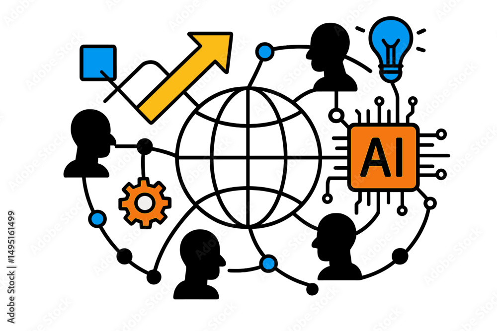 Poster modern vector illustration of global technology and artificial intelligence concepts connecting peop