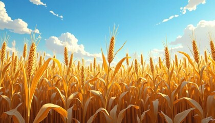 Golden wheat field under a vibrant blue sky, symbolizing agriculture and abundance