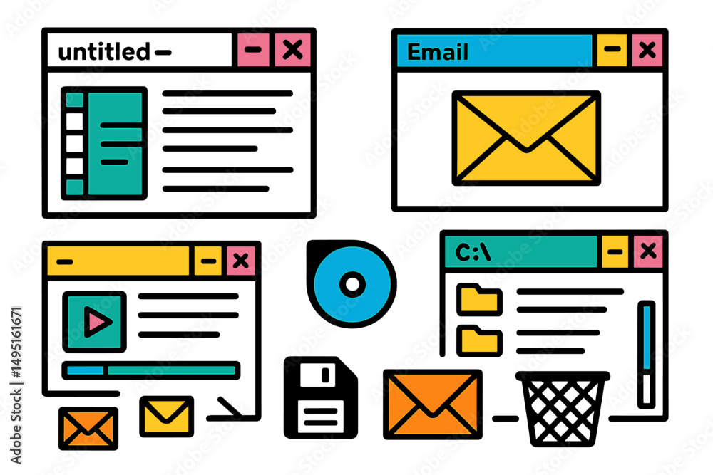 Poster modern vector illustration showing various computer interface elements for emails and file managemen