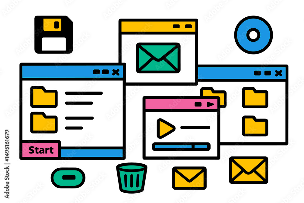 Poster modern vector illustration of a digital workspace featuring file management and communication elemen
