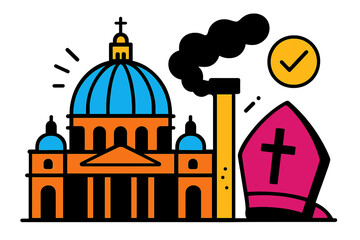 Colorful modern vector illustration of a cathedral with a chimney and a check mark symbolizing approval