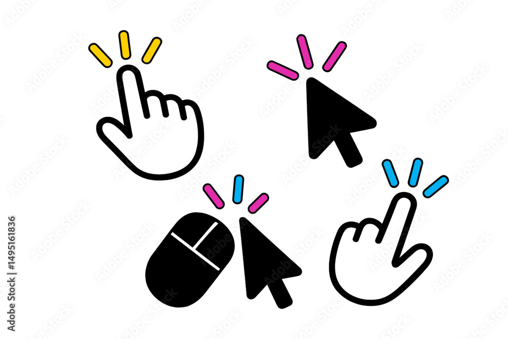 Poster modern vector illustration of cursor and hand symbols with colorful accents expressing interaction i