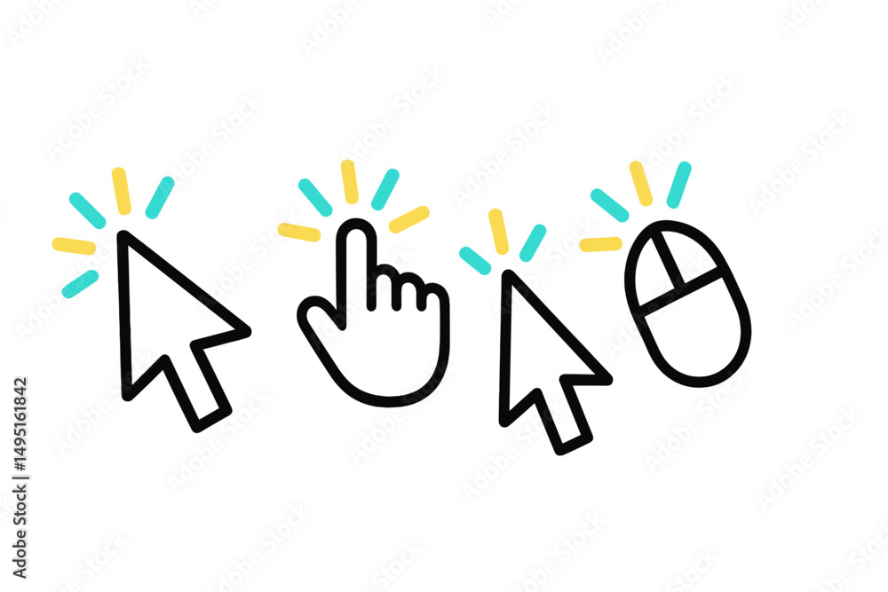 Poster interactive modern vector illustration showing various cursor designs used in digital environments a