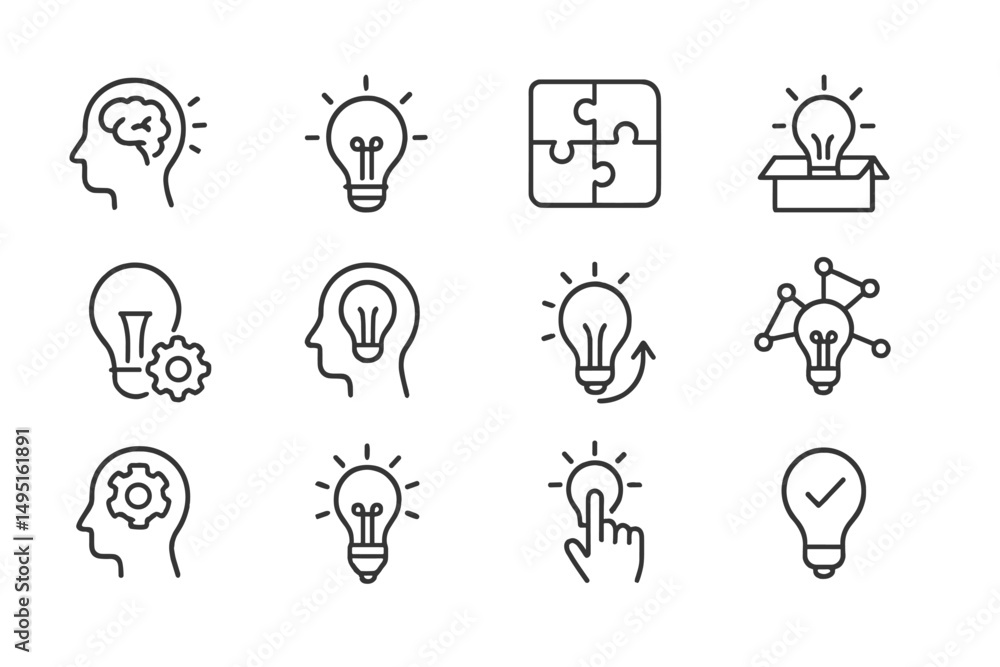 Poster creative thinking symbols illustrating innovation and problem solving in modern design