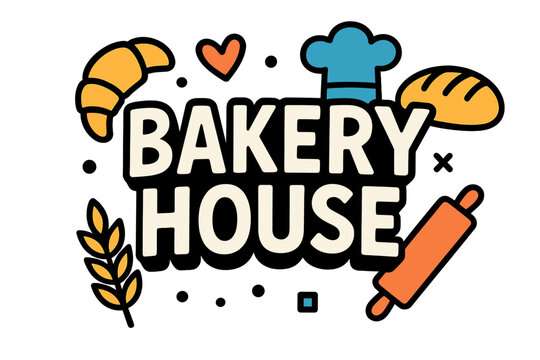 Colorful vector illustration featuring a bakery house with croissants, bread, and baking tools in a cheerful design