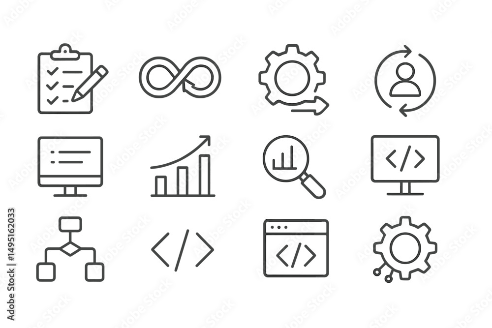 Poster modern vector illustration showcasing various icons related to technology, analytics, and developmen