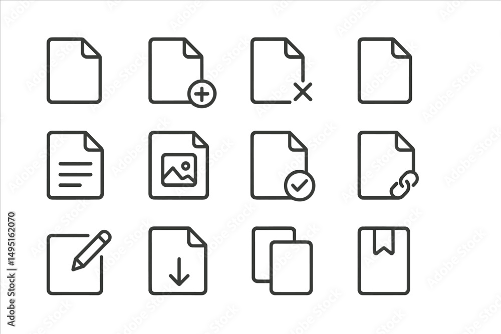 Poster collection of modern vector icons representing document actions for digital interfaces, featuring va