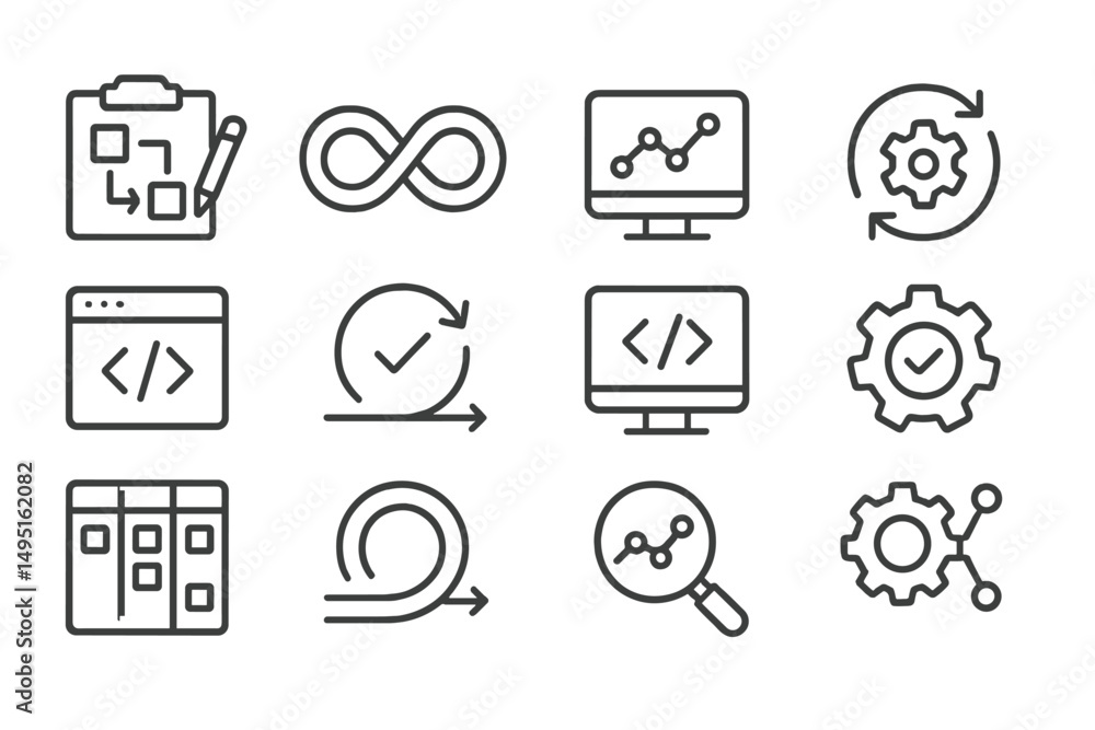 Poster modern vector illustration depicting a variety of technology and development concepts visually repre
