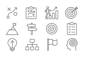 Modern vector illustration portraying various icons representing planning, strategy, and goal setting in a business environment