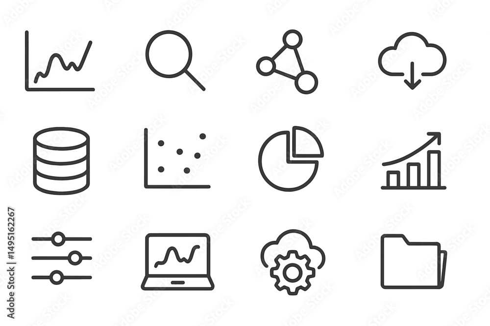 Poster modern vector illustration of data analysis and visualization tools presented in a grid layout for e