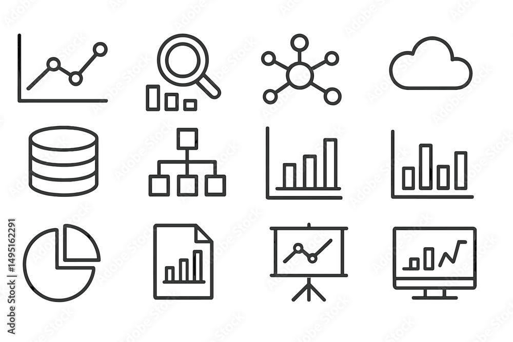 Poster vector illustration of various data visualization elements including graphs, charts, and network dia