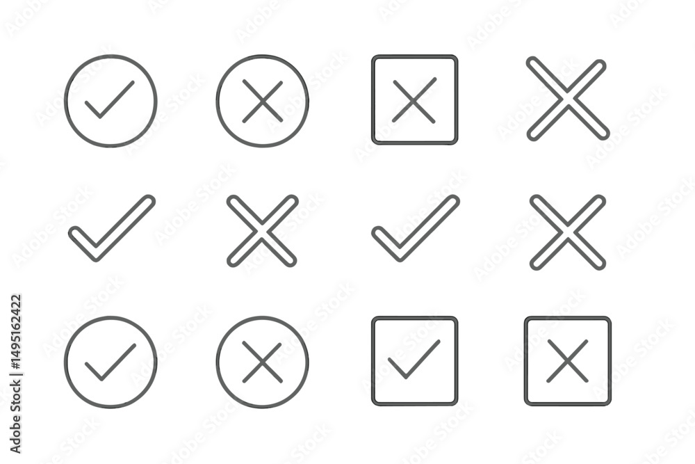 Poster collection of modern vector check and cross icons in minimalist design for various applications and 