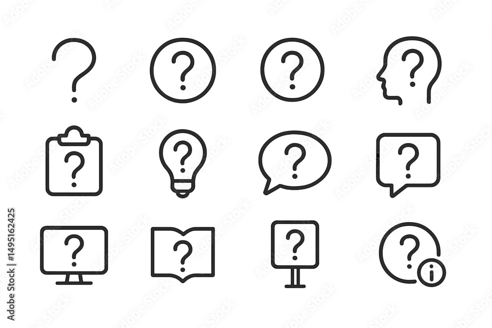 Poster modern vector illustrations of various question marks and symbols representing curiosity and inquiry