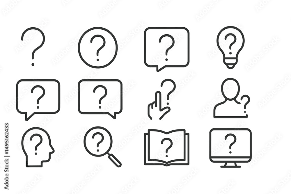 Poster modern vector illustration featuring various question marks and thought bubbles representing inquiry