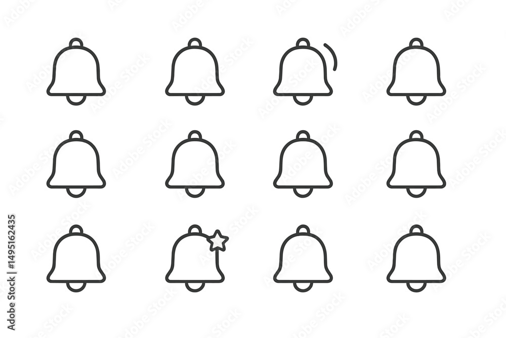 Poster modern vector illustration showcasing various bell icons in a minimalist style, emphasizing design s
