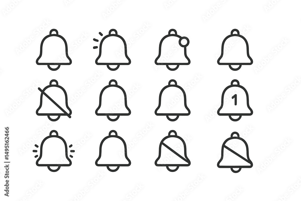 Poster collection of modern vector bell icons representing different notification states and alerts in a si