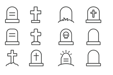 Vector illustration of various grave markers and tombstones featuring crosses and skulls in a minimalist style