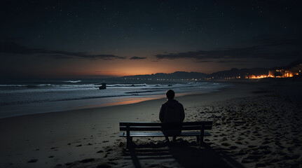 alone sad boy on beach side at night,generative.ai