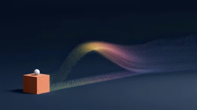 An interactive cube model illustrating a golf swing where the smooth curve of the balls path morphs into vibrant cascading streams of particles visualizing the effect of club spin and