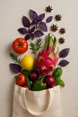A reusable canvas grocery tote bag bursting with colorful, stylized gourmet ingredients&mdash;dragon fruit, purple basil, star anise&mdash;evoking eco-friendly, food-brand visuals