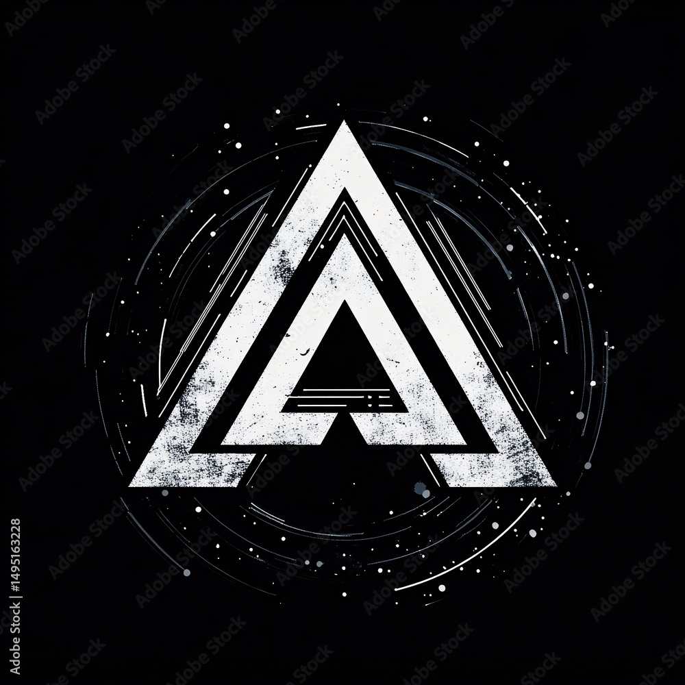 Poster white grunge letter a logo encircled by white circular lines on a black background, creating a moder