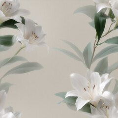 Obraz premium White lily flowers with green leaves on beige background. Elegant floral pattern for fabric, wallpaper or greeting card design. Botanical art with copy space