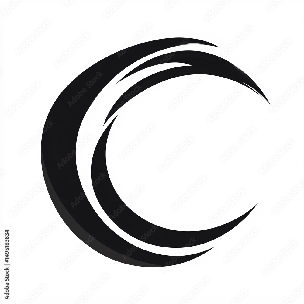 Fototapete abstract black crescent with brushstrokes effect forming dynamic circular shape on white background