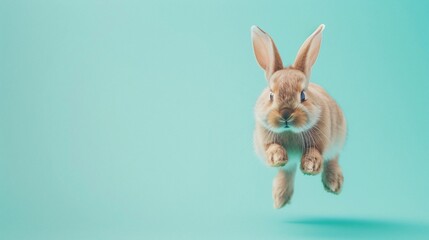 Obraz premium Adorable bunny in mid-air jump against pastel backdrop