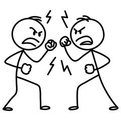 Two angry man cartoon stick figures arguing or fighting. Simple vector illustration of conflict concept with emotional expression.