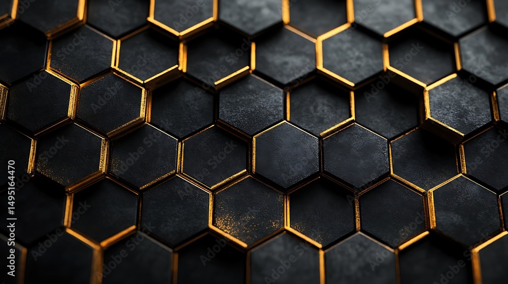 Poster abstract hexagonal pattern with metallic gold and dark tones, creating a modern and luxurious feel