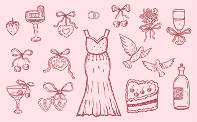Set of vintage wedding whimsial sketch with bride dress, bouquet and locket in pink color