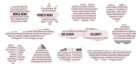 Set of torn newspaper piece with headline. Vintage spech bubble and shapes from old paper for collage or scrapbook