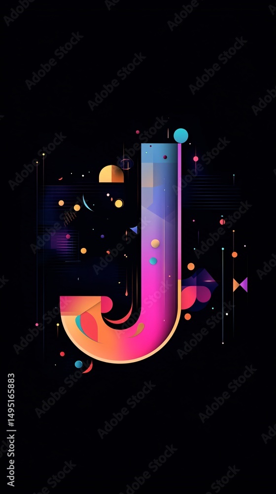 Poster colorful and vibrant letter j with geometric shapes, creating a modern and abstract design