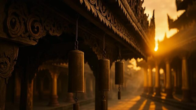 Wind Chimes Swaying in Ancient Myanmar Temple Courtyard at Sunset